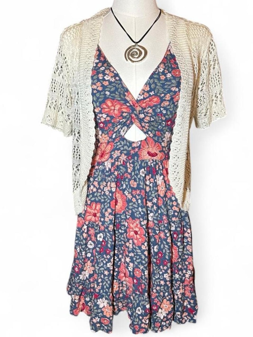 Angie Blue Mini Sundress Coral Green Flowers Cottage Fairycore Boho Prairie